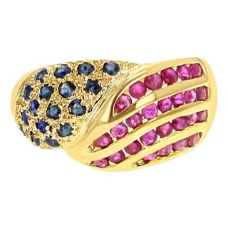 Ruby & Sapphire Cocktail Ring 14k Yellow Gold, Size 6.75 For Sale