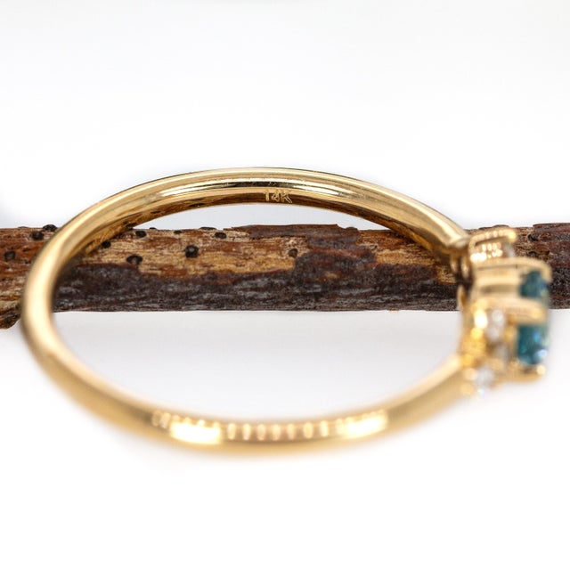 Metal Cambodian Blue Zircon Ring With Earth Mined Diamond Accents in 14k Gold | Rd 4mm, Size 6.75 For Sale - Image 7 of 7