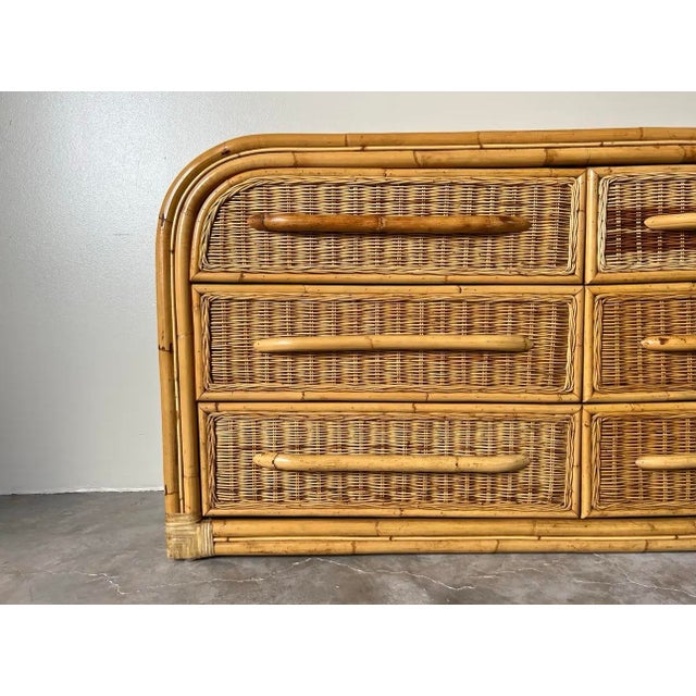 Coastal Vintage Coastal Organic Bamboo and Rattan Six - Drawers Waterfall Top Dresser/ Sold For Sale - Image 3 of 12