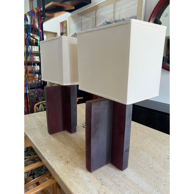 An exceptional pair of California Postmodern sculptural table lamps by Deszign, Inc. of Fullerton, California, showcasing...