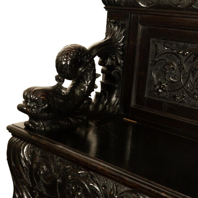 Antique Italian Renaissance Revival Carved Walnut Hall Bench Chest Dolphins 1870 For Sale - Image 10 of 14