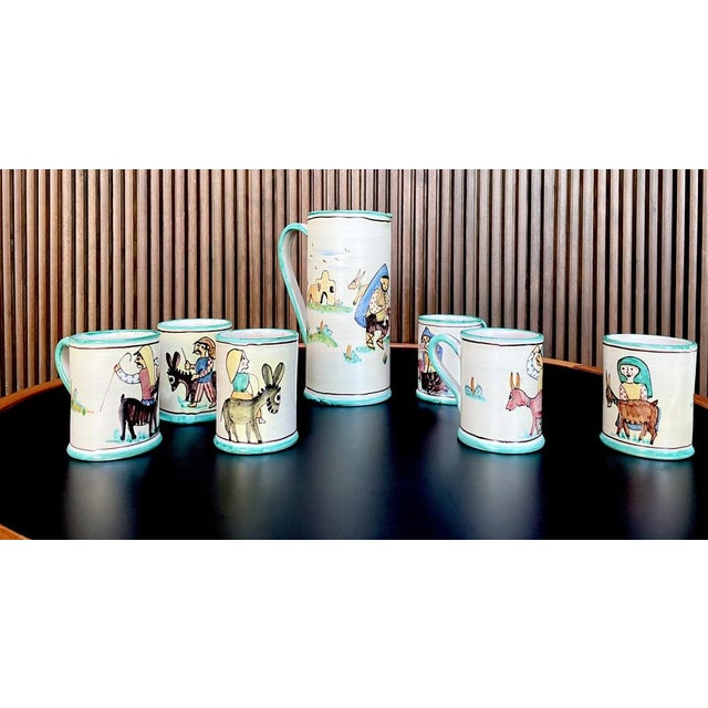 Italian Ceramic Mugs & Pitcher Tea Service with Hand-Painted Rural Image Motifs by Andrea Darienzo for Vietri, 1950s, Set of 7 For Sale - Image 14 of 18