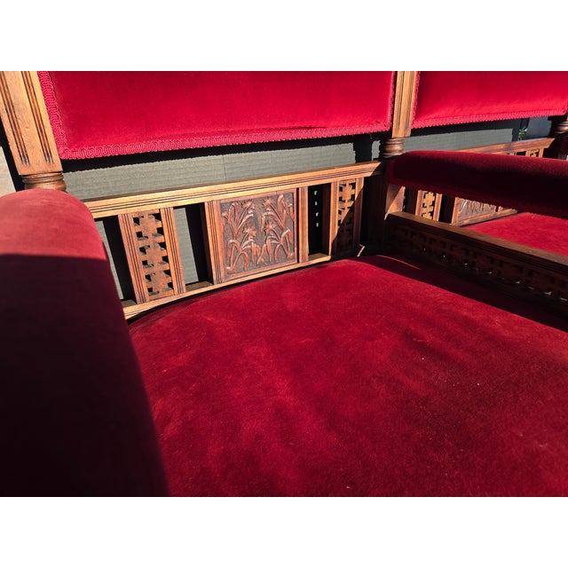 19th Century Victorian Conversational Two-Seater Settee – Red Velvet, Carved Wood Details For Sale - Image 9 of 10