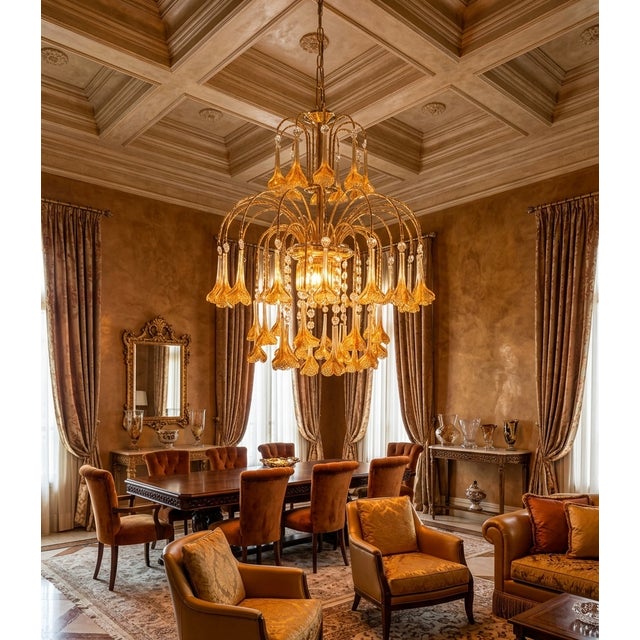 Vintage Gold Rain Chandelier with Crystals and Murano Glass Flowers, Italy, 1966 For Sale - Image 6 of 15
