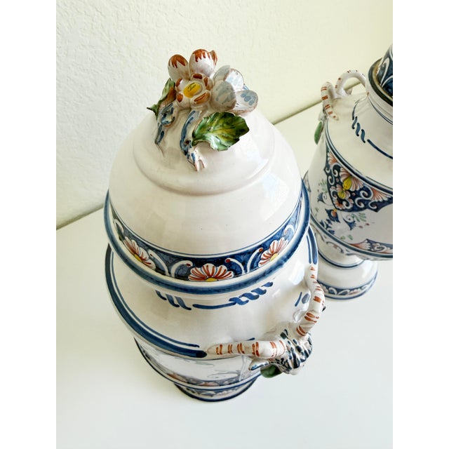 Mid 20th Century Pair of Mid-Century French Hand Painted Faience Urns With Ram Head Handles For Sale - Image 5 of 18