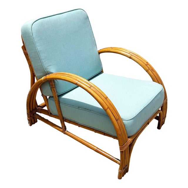 Restored Rattan Triple-Strand Half Moon Arm Lounge Chair W/ Wave Back For Sale