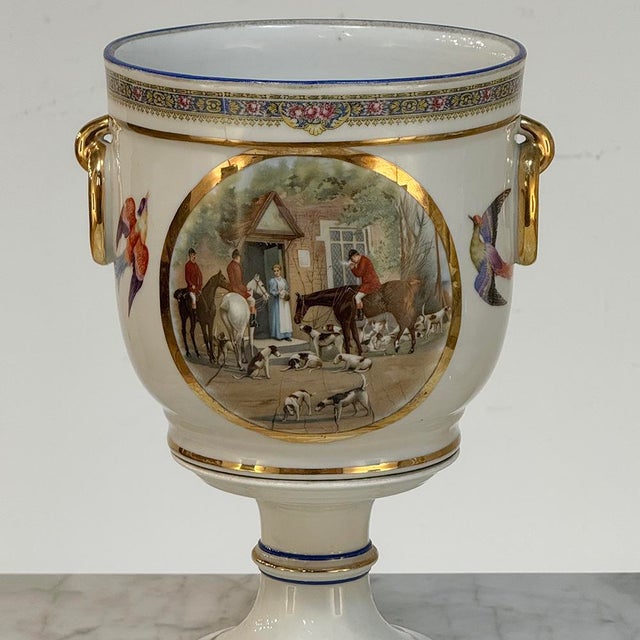 Pair Antique Belgian Pêtre À Baudour Neoclassical Porcelain Hunt Scene Urns For Sale - Image 12 of 18