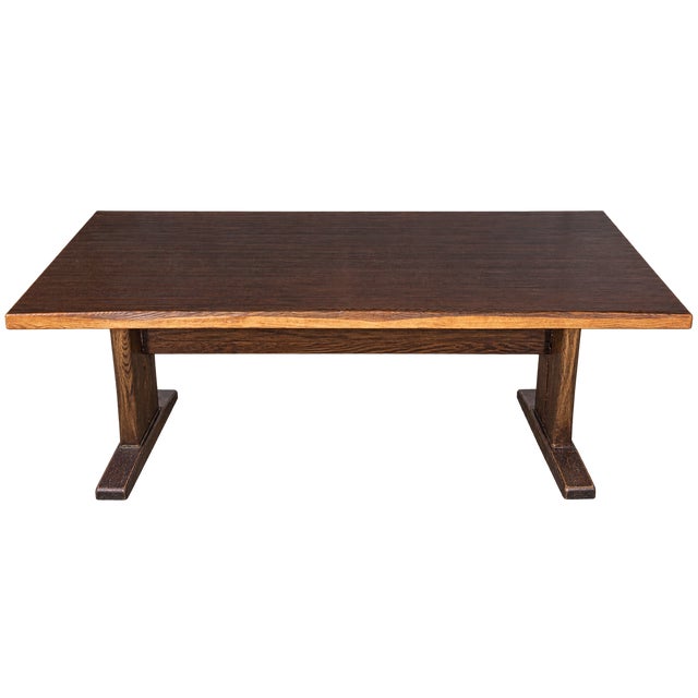 Mid 20th Century Rare 7-Piece Mid-Century Modern Japanese Dining Set With Tiger Oak Live-Edge Trestle Table & 6 Swivel Chairs For Sale - Image 5 of 13