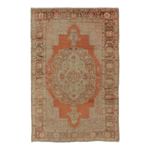 Antique Turkish Oushak Rug With Floral Medallion Burnt Orange and Cream 8'2"x12'11"