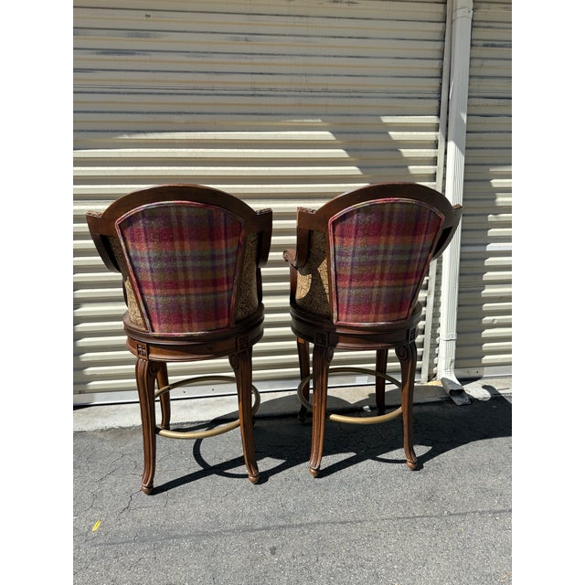 Textile Pair of Century Furniture Savoy Swivel Bar Stools With Leather Seats and Paisley Upholstery For Sale - Image 7 of 7