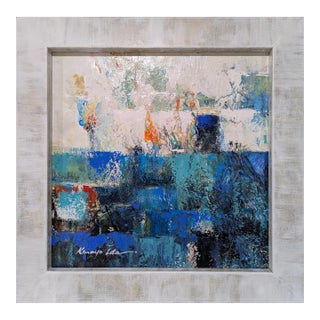 Square Hand Finished Framed Textured Blue and White Abstract Art on Canvas For Sale