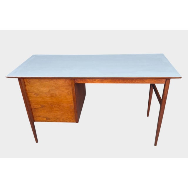 Mid-Century Modern Walnut Desk With White Laminate Top – Restored Vintage Writing Table For Sale - Image 12 of 12