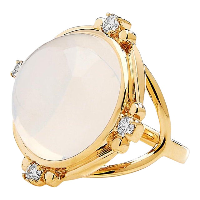 Syna Moon Quartz Yellow Gold Ring with Champagne Diamonds For Sale