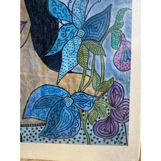 Folk Art Jude Kirby Original Oil Pastel “Blue Flowers” For Sale - Image 3 of 3