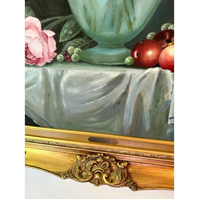 Textile Large Framed Vintage Oil on Canvas Victorian Style Floral Painting For Sale - Image 7 of 13