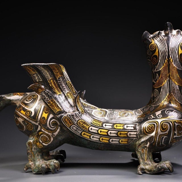 Metal Late 19th Century Gilt Bronze Mythical Beast Figurine, Gold and Silver Inlay For Sale - Image 7 of 12