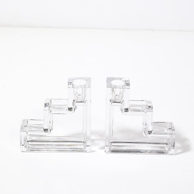 1930s Pair of Art Deco Glass Step Form Candlestick Holders by Wilber Orme for the Met For Sale - Image 5 of 10