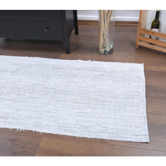 White Vintage Turkish Hand-Knotted Wool Cotton White Kilim Runner Rug For Sale - Image 8 of 9