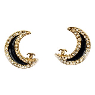 Chanel Vintage Gold Plated CC Black Moon Crystal Clip on Earrings, Pair For Sale