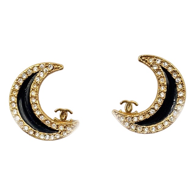 Chanel Vintage Gold Plated CC Black Moon Crystal Clip on Earrings, Pair For Sale