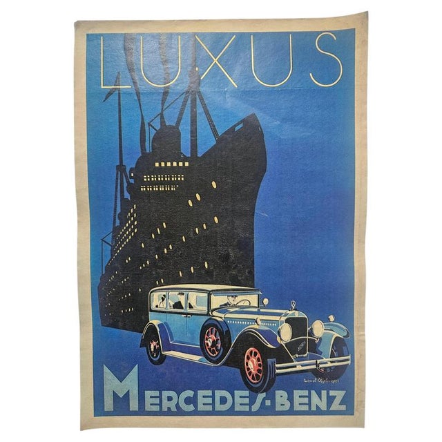 Blue Art Deco Mercedes Benz Automobile Advertising Poster, 1930s For Sale - Image 8 of 8