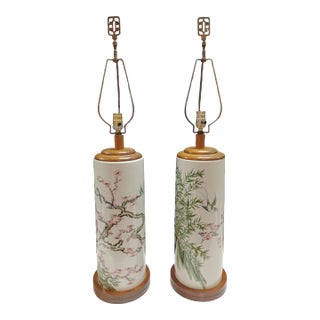 Vintage Pair of Mid 20th Century Chinese Hand Painted Cylindrical Porcelain Table Lamps For Sale