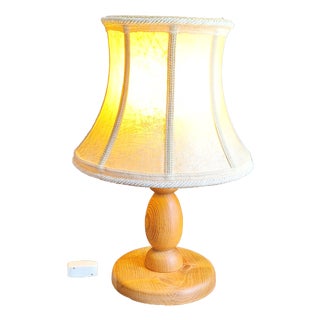 Vintage Table Lamp with Turned Teak Wood Base and Hand-Stitched Leather Shade, 1970s For Sale