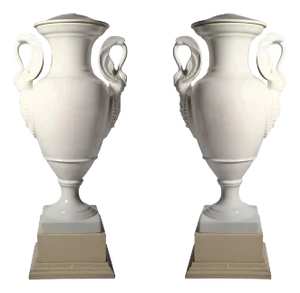 Pair of Large Limoges White Porcelain Neoclassical Urn Swan Table Lamps