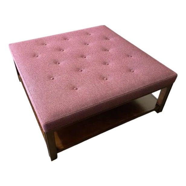 Highland House 1401-42 Franco 42" Square Cocktail Ottoman Tufted Button Top With Purple / Lavender Textured Fabric and Lower Oak Shelf For Sale