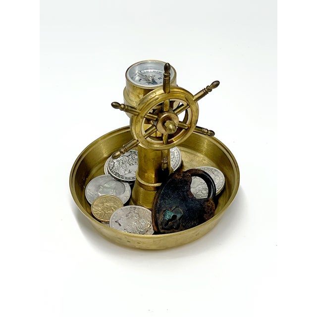 1970s Mid Century Brass Ship Wheel Compass Trinket Dish or Ashtray For Sale - Image 5 of 10