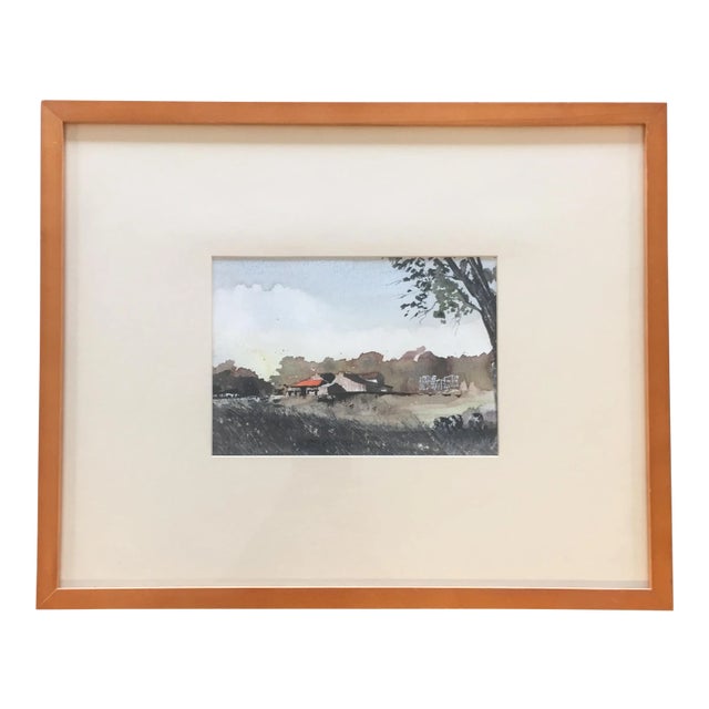 Vintage Original Watercolor Landscape W/ Cows Painting For Sale