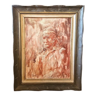 1940s Signed Rustic Oil on Canvas Portrait of Old Man in Carved Wood Frame, 26" X 32", Vintage Framed Figural Wall Art For Sale