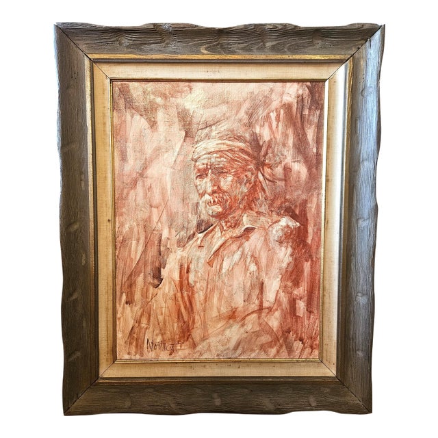 1940s Signed Rustic Oil on Canvas Portrait of Old Man in Carved Wood Frame, 26" X 32", Vintage Framed Figural Wall Art For Sale