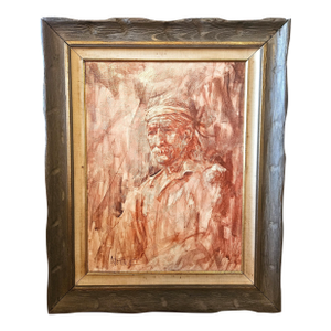 1940s Signed Rustic Oil on Canvas Portrait of Old Man in Carved Wood Frame, 26" X 32", Vintage Framed Figural Wall Art
