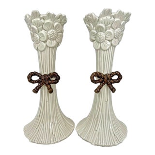 Vintage MCM Fitz and Floyd Daisy Boy Taupe Candlesticks Pair For Sale