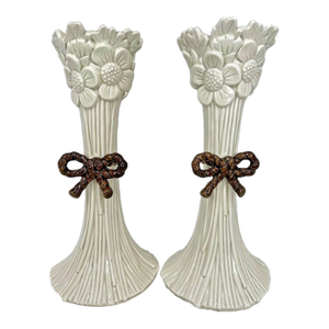 Vintage MCM Fitz and Floyd Daisy Boy Taupe Candlesticks Pair