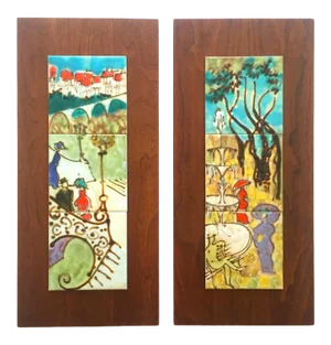 Harris Strong Vintage Mid Century Modern Hand Painted Ceramic Tile Walnut Wood Wall Art Panels - Set of 2