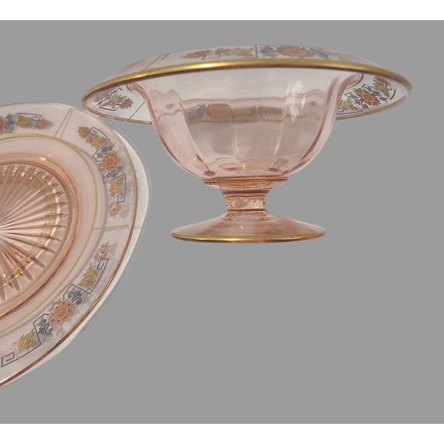 American Vintage Retro Pink Depression Glass Floral Edge Pedestal Compote & Underplate For Sale - Image 3 of 5
