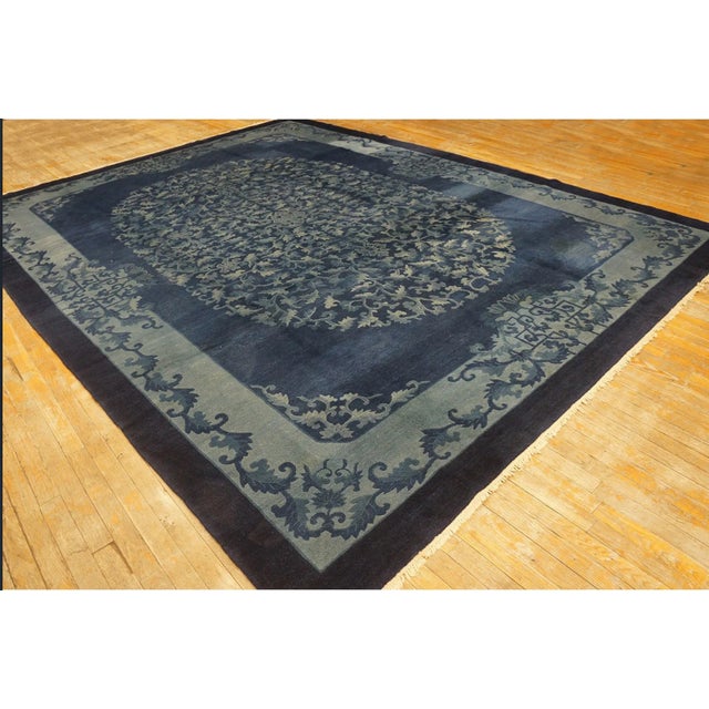 A Beautiful Blue Field and Elegant Floral Light Blue Medallion Antique Chinese Peking Rug For Sale - Image 11 of 12