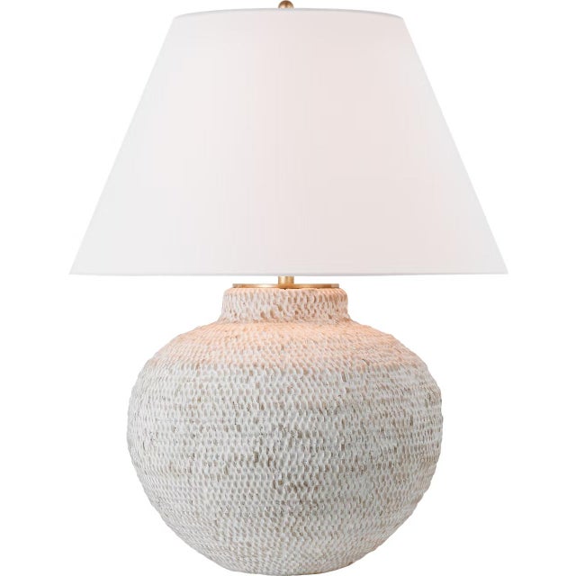 Transitional Marie Flanigan by Visual Comfort Signature Avedon Medium Table Lamp in Plaster White Rattan with Linen Shade For Sale - Image 3 of 3