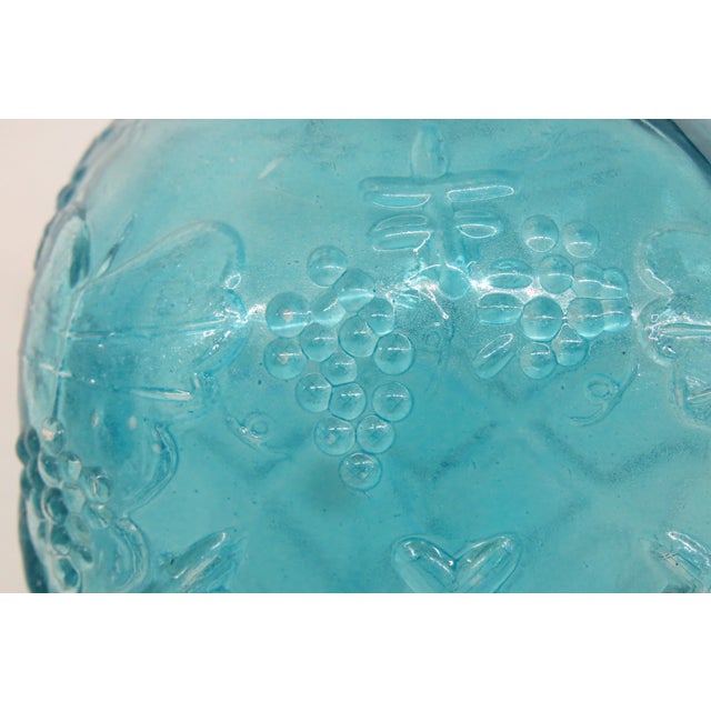 Glass Blue Squared Glass Bottle Embossed Carafe With Grapes Lattice Vase 4801b For Sale - Image 7 of 14