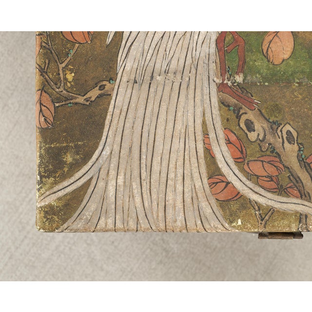 Chinese Qing Style Painted Exotic Birds Leather Trunk Table For Sale - Image 12 of 17