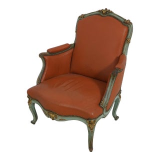 French Louis XV Vintage Leather Polychrome Painted Chair For Sale