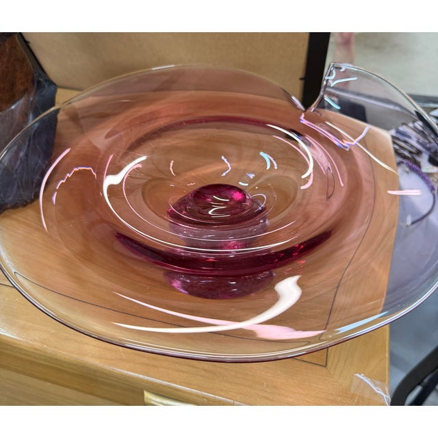 1414 Bohemia Signed Large Art Glass Bowl Pink 18in For Sale - Image 4 of 9