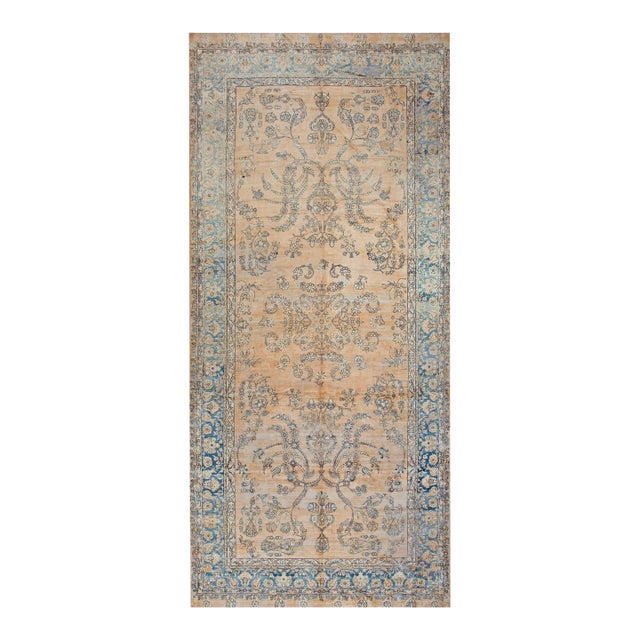 Pretty Antique Camel Background Color Handmade Floral Design Kerman Area Rug For Sale