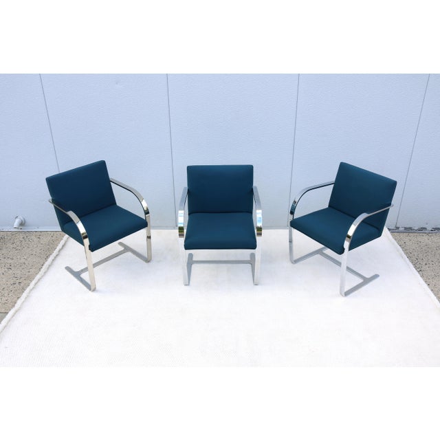 Ludwig Mies Van Der Rohe Brno Flat Bar Chairs in Blue Fabric by Gordon, Set of 3 For Sale - Image 10 of 18