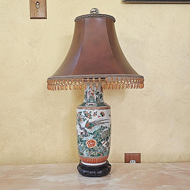 Chinese Vintage Chinese Famille Verte Style Porcelain Table Lamp With Hand Painted Birds & Peonies For Sale - Image 3 of 18