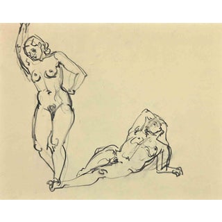 Georges-Henri Tribout, Posing Nudes, Charcoal Drawing, 1950 For Sale