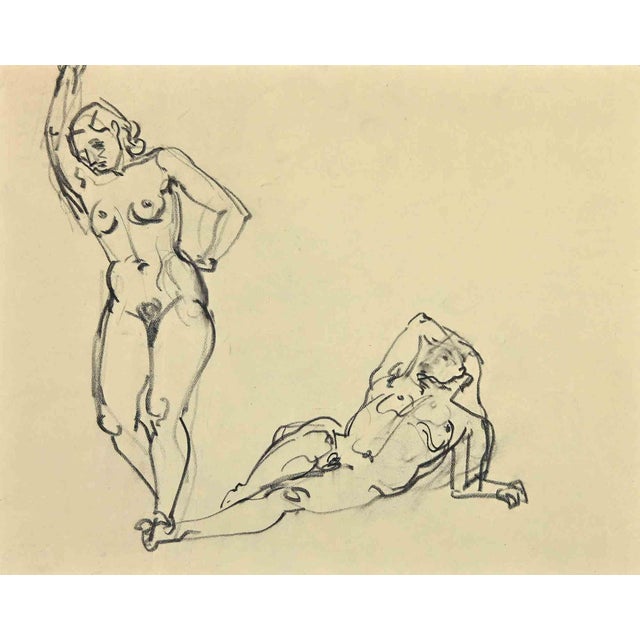 Georges-Henri Tribout, Posing Nudes, Charcoal Drawing, 1950 For Sale