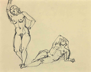 Georges-Henri Tribout, Posing Nudes, Charcoal Drawing, 1950
